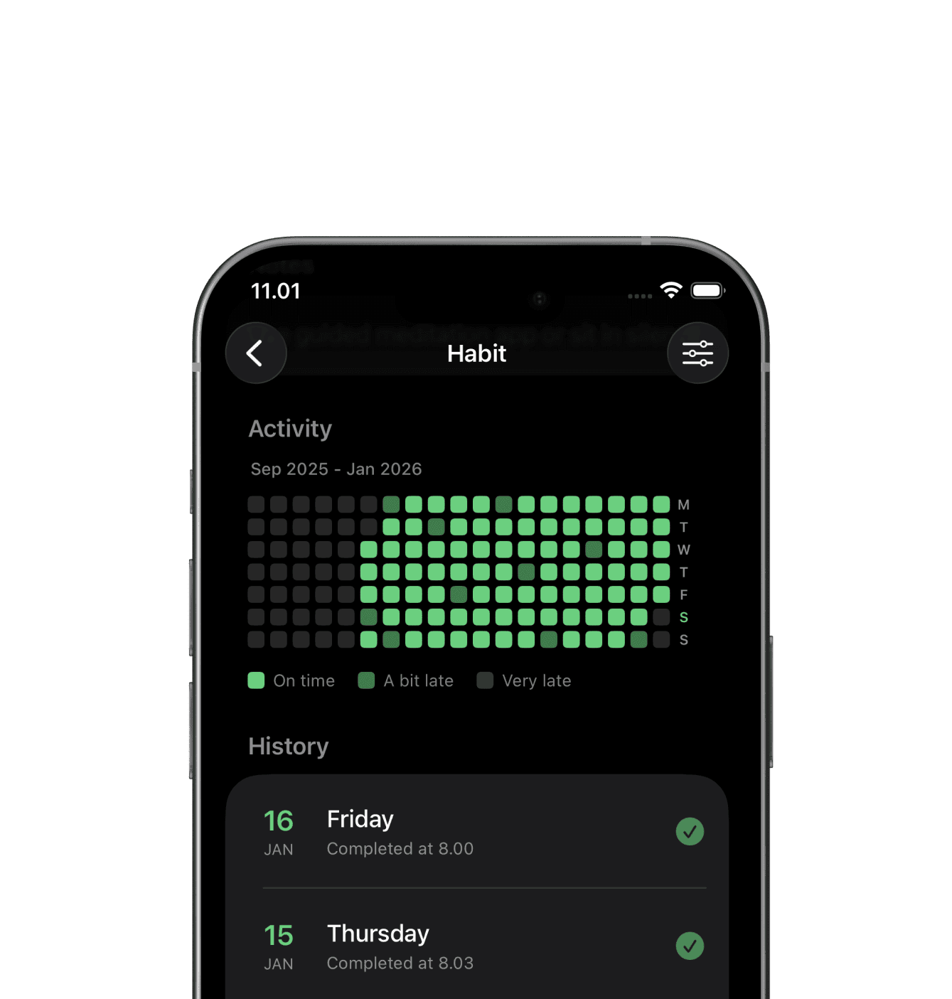 Activity log showing visual progress with contribution-style graph displaying daily habit completions over time