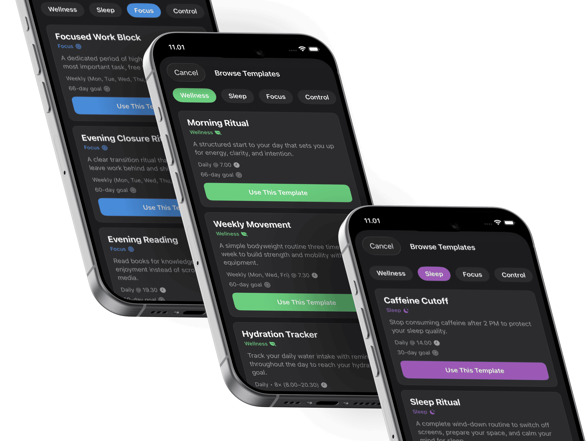 Collection of habit templates including Sleep Routine, Deep Focus, and Recovery Support with customizable options