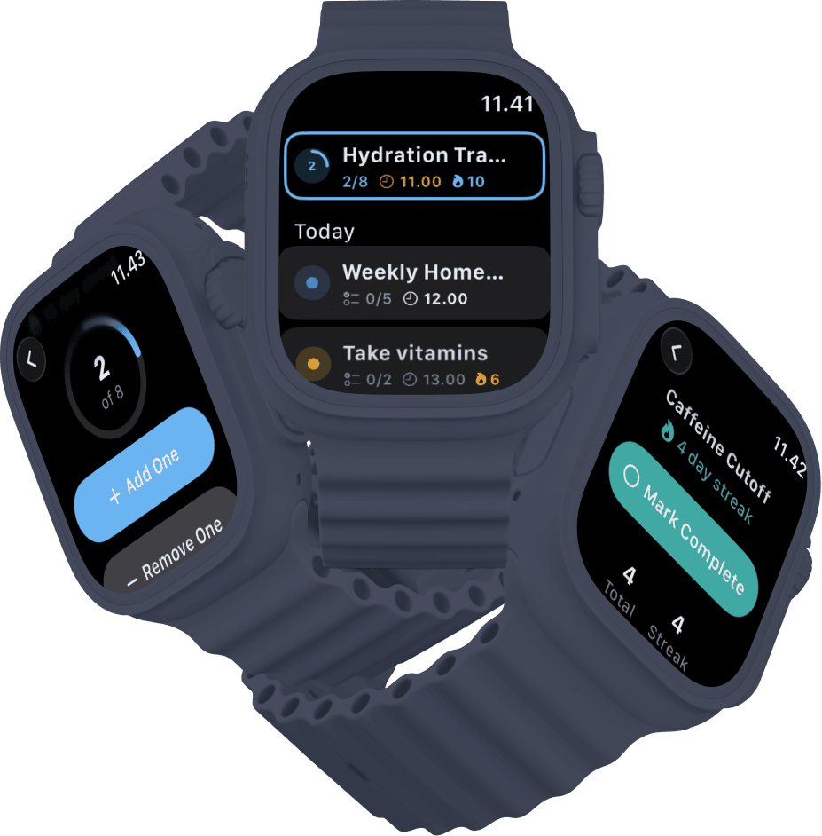 Apple Watch displaying Habitori app with today's habit list and quick completion interface