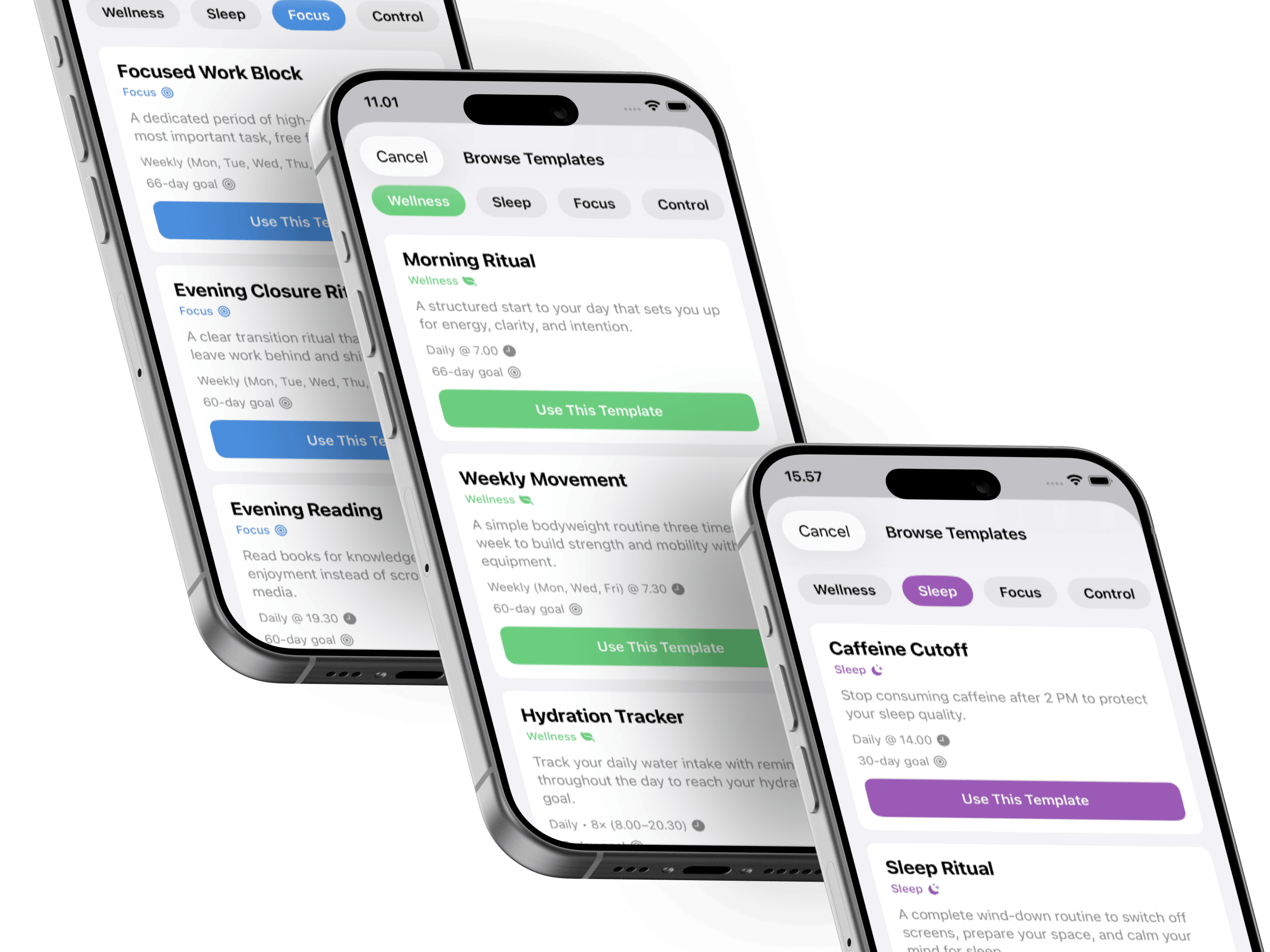 Collection of habit templates including Sleep Routine, Deep Focus, and Recovery Support with customizable options