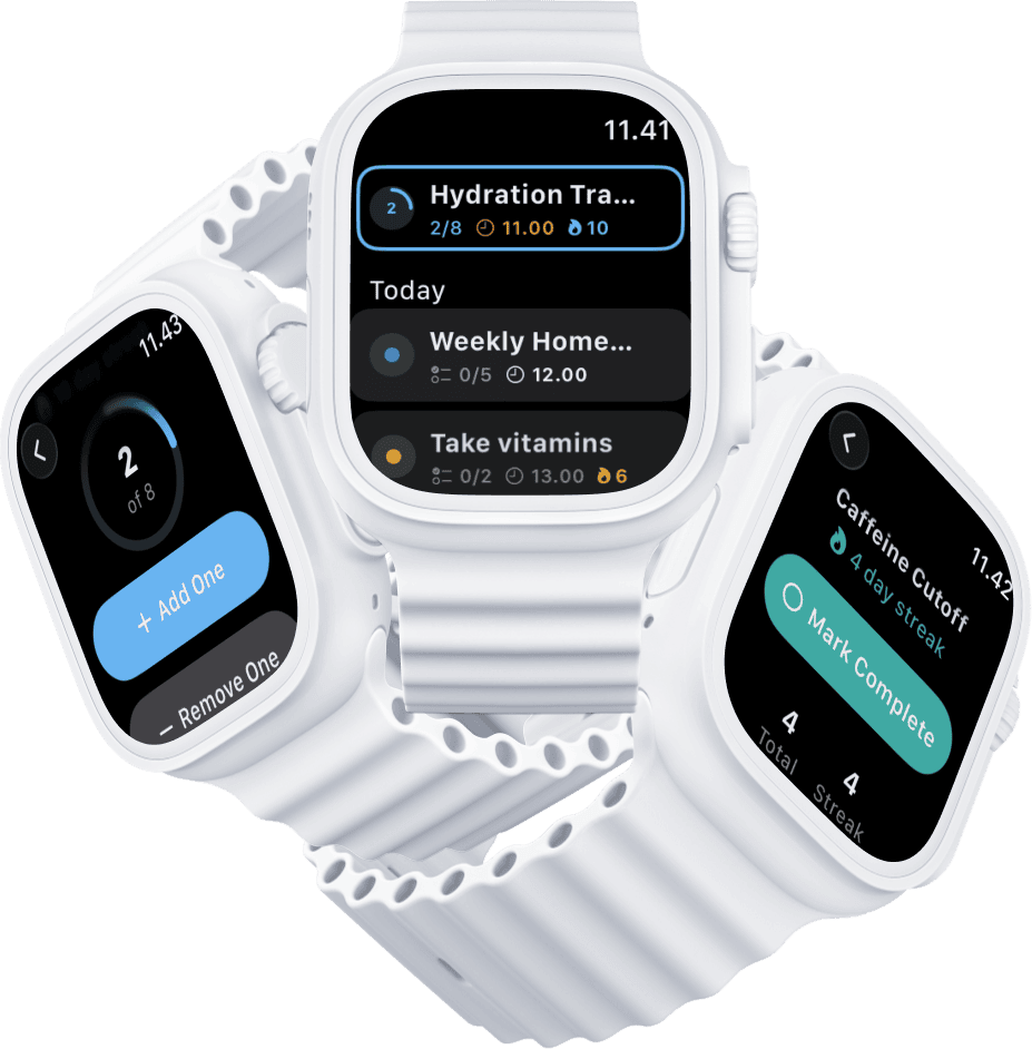 Apple Watch displaying Habitori app with today's habit list and quick completion interface